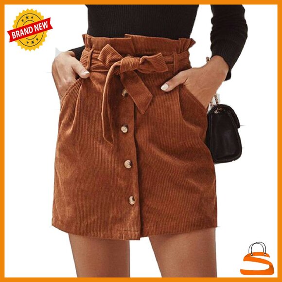 High Waist Paperbag Corduroy Mini Skirt with Pockets